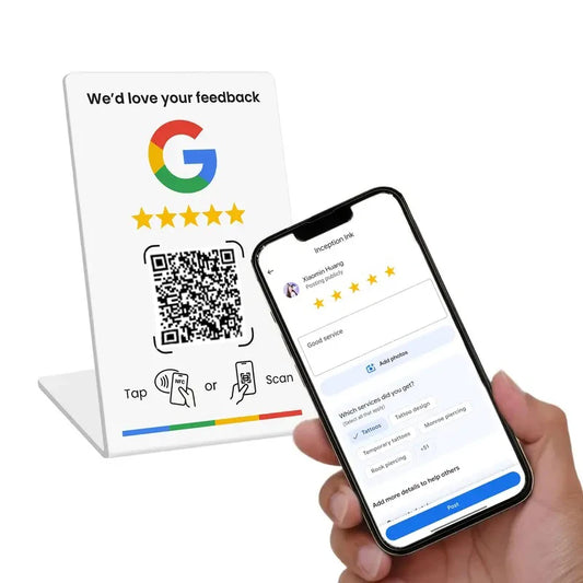 Nfc 215 Programmable QR Code Google Review Card NFC Station Table NFC Google Reviews Display Bending Card Standing Brand Bracket