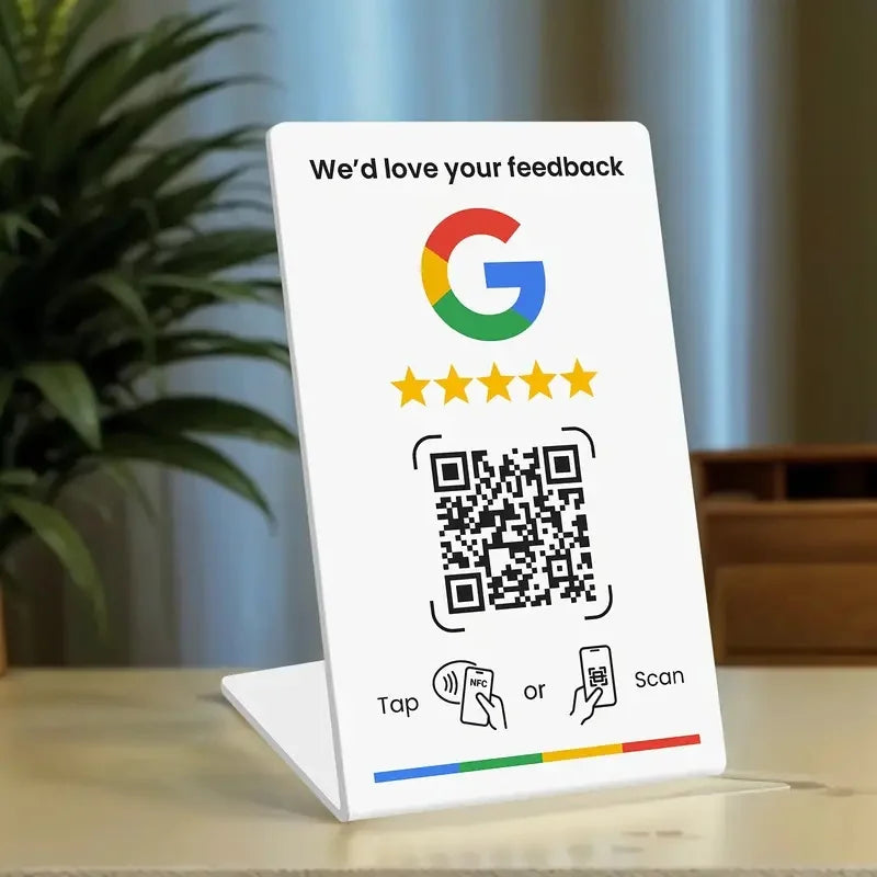 Nfc 215 Programmable QR Code Google Review Card NFC Station Table NFC Google Reviews Display Bending Card Standing Brand Bracket